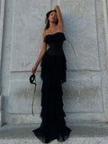 Women Sexy Strapless Ruffle Slim Maxi Dress for cummerbund Elegant Sleeveless Lady Evening Party Gowns Female Robes