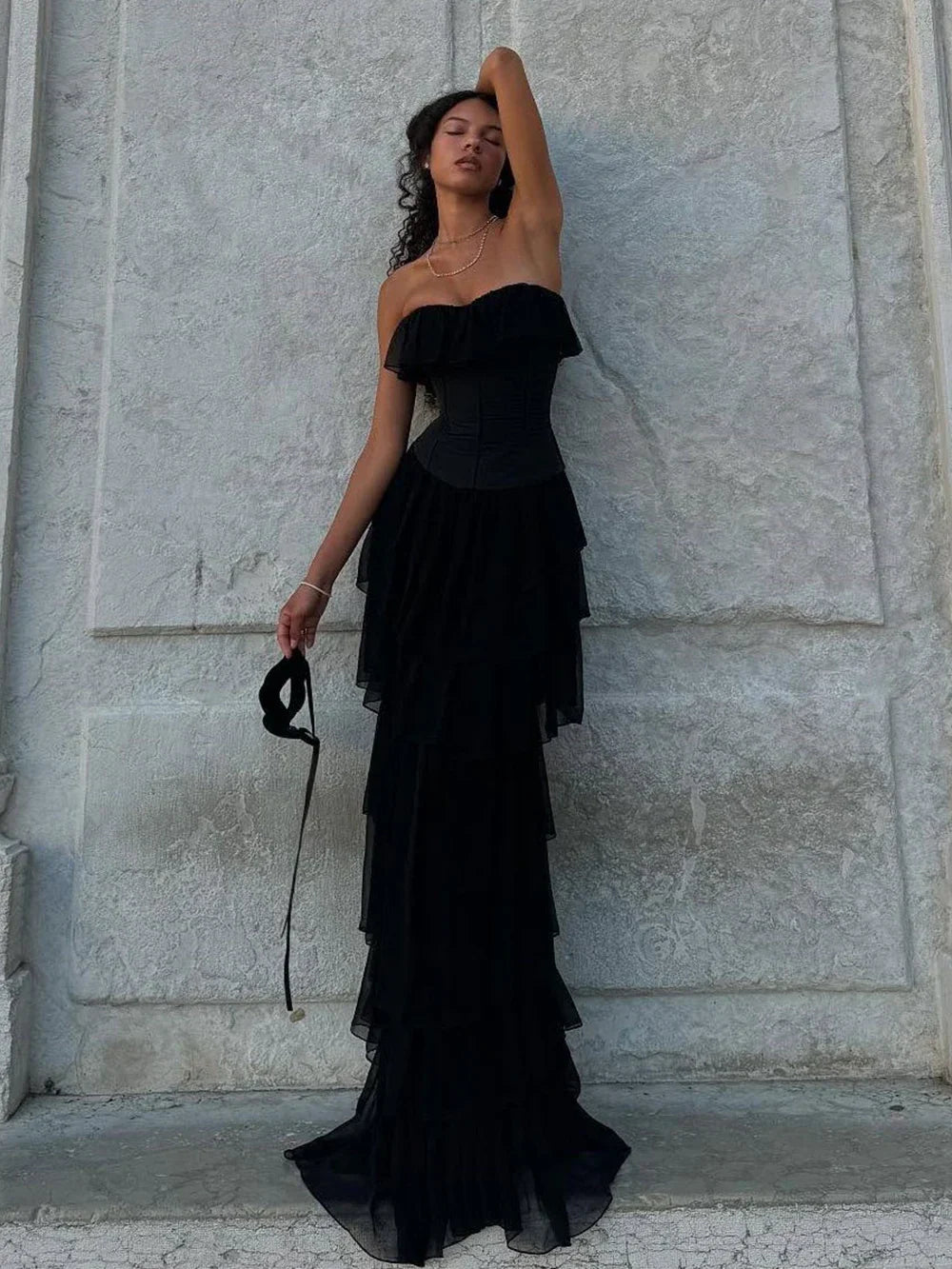 Women Sexy Strapless Ruffle Slim Maxi Dress for cummerbund Elegant Sleeveless Lady Evening Party Gowns Female Robes