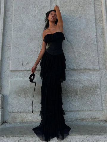 Women Sexy Strapless Ruffle Slim Maxi Dress for cummerbund Elegant Sleeveless Lady Evening Party Gowns Female Robes