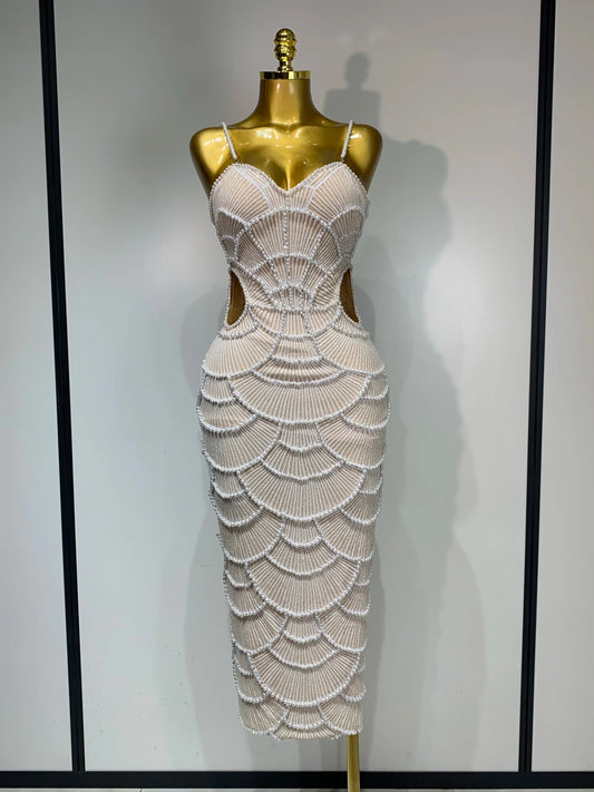 Women Sexy V Neck Pearl Beading Cut Out Maxi Long Bodycon Prom Gowns Dress Luxury Birthday Elegant Evening Party Club Dress Beige