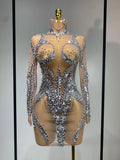 Women Sparkly Rhinestones Sexy Mesh Transparent Mini Dress Eveing Birthday Party Dance Nightclub Festival Show Stage Costumes Silver