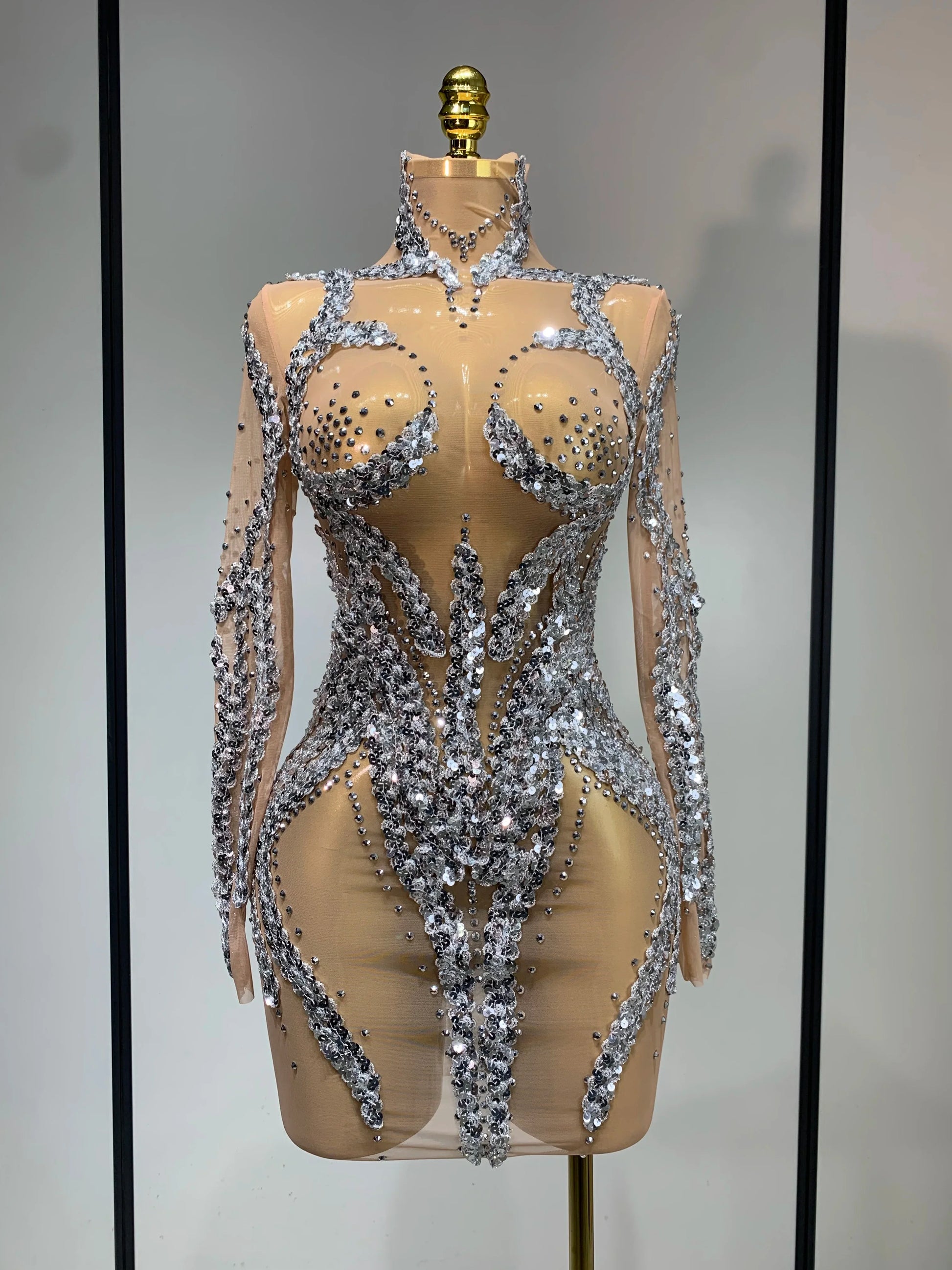 Women Sparkly Rhinestones Sexy Mesh Transparent Mini Dress Eveing Birthday Party Dance Nightclub Festival Show Stage Costumes Silver