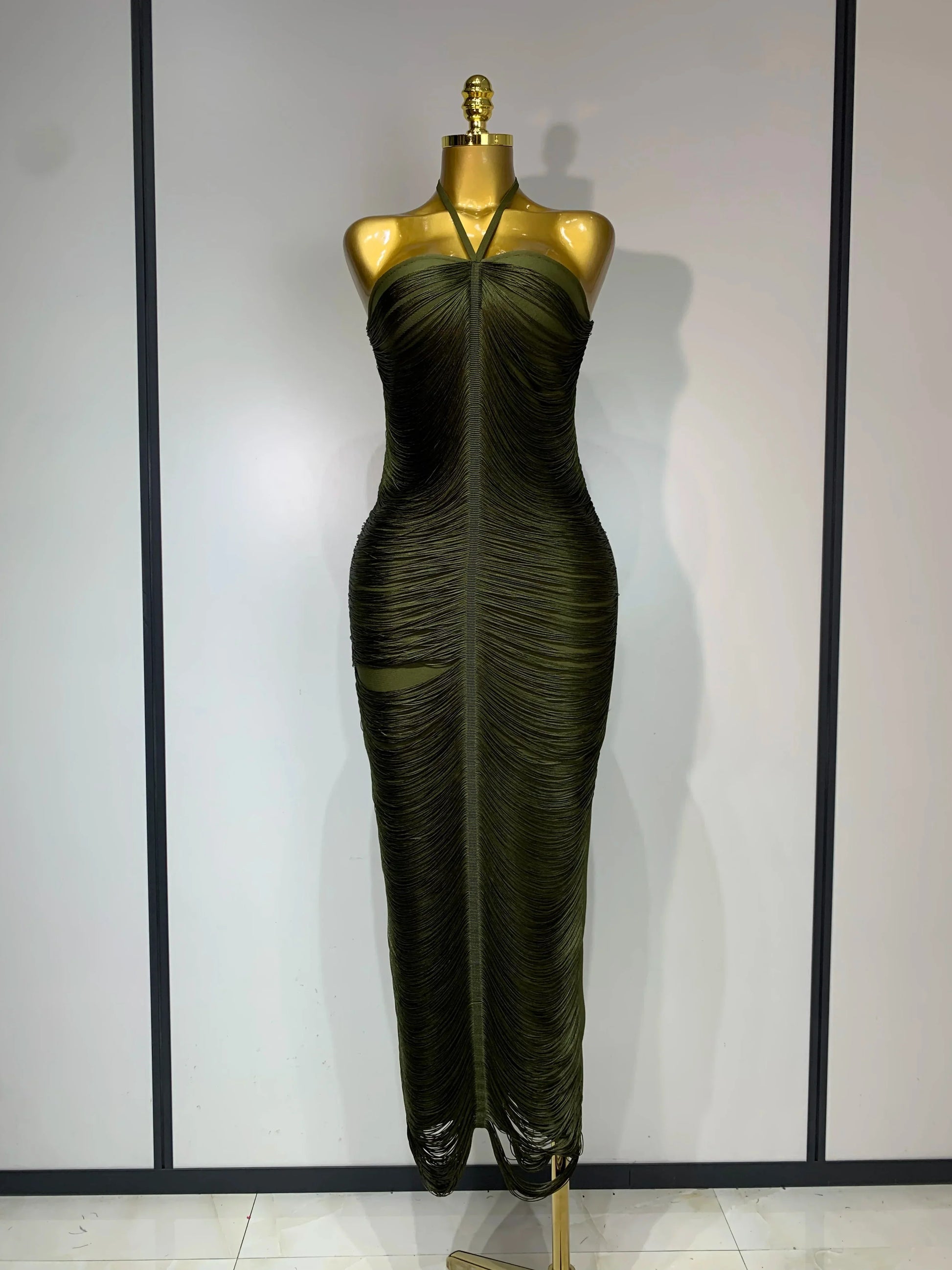 Women Sexy Celebrity Elegant Backless Halter Tassel Bodycon Bandage Dress Evening Party Luxury Birthday Wedding Guest Dress army green