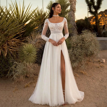 Elegant A-Line Wedding Dress Scoop Long Sleeves Lace Tulle Floor Length Boho Bridal Bride Gown Women vestidos de novia