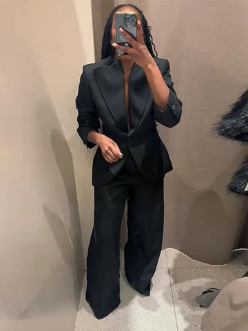 Women's 2 Pcs Suits Wide Collar Button Suit Jacket Pants Suits New Office Lady Long Sleeve Slim Coats Early Spring Ladies Outfit