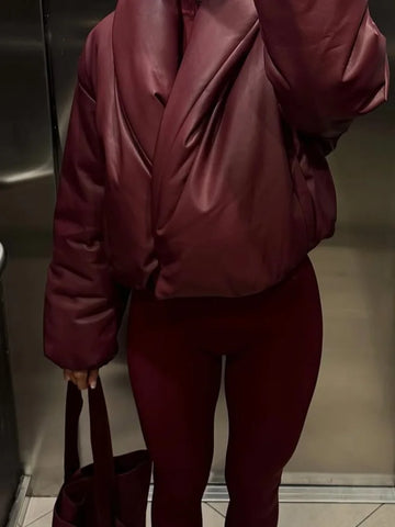Attached Collar Covered Button Long Sleeve Thick Leather Jacket Women Fashion Autumn Winter Warm Bomber Coats Chi Lady Outerwear