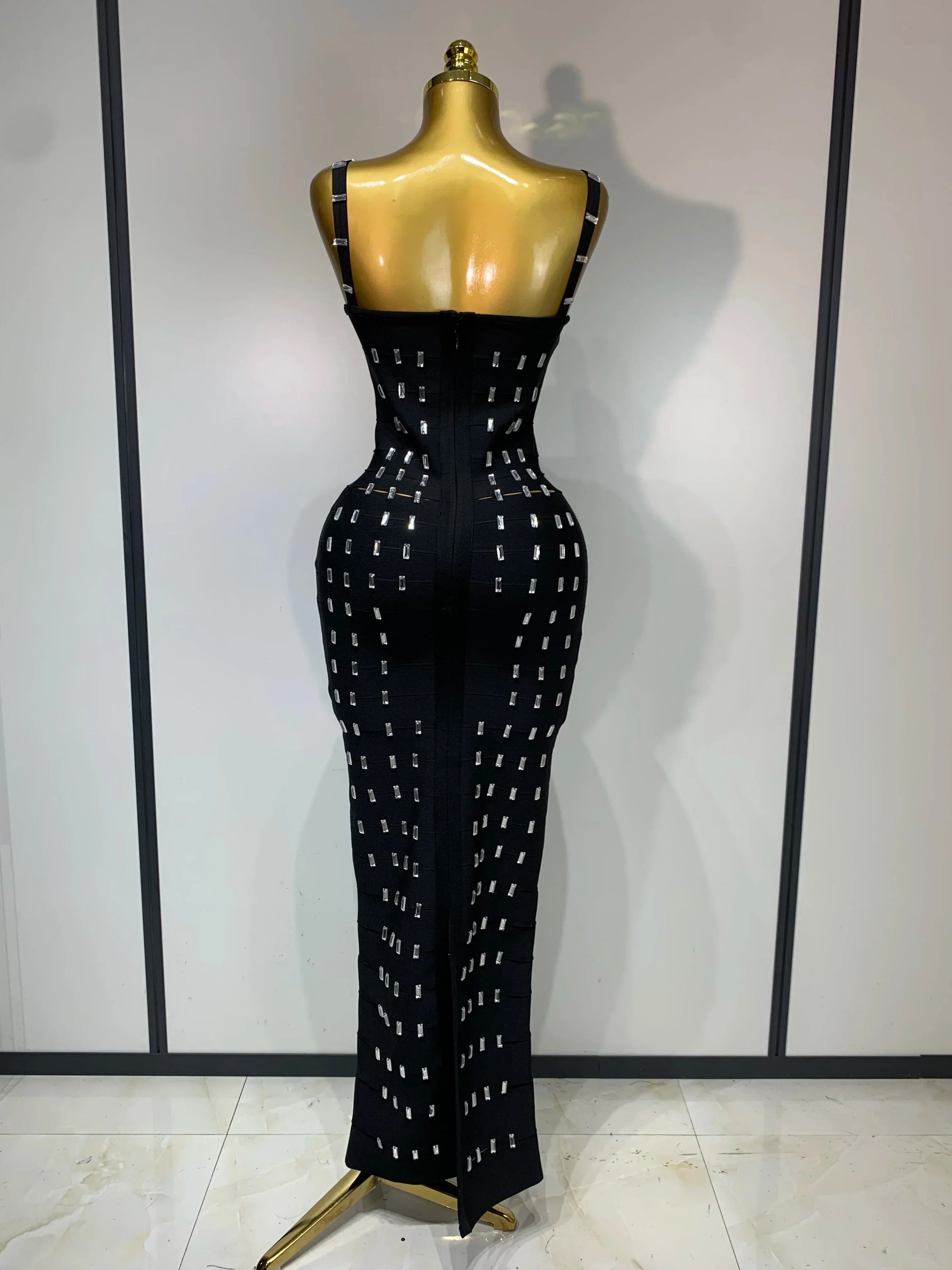 Women's Fashion Sexy Luxury Rhinestone Black Bodycon Bandage Dress Cocktail Evening Party Long Dresses Wedding Guest Gown