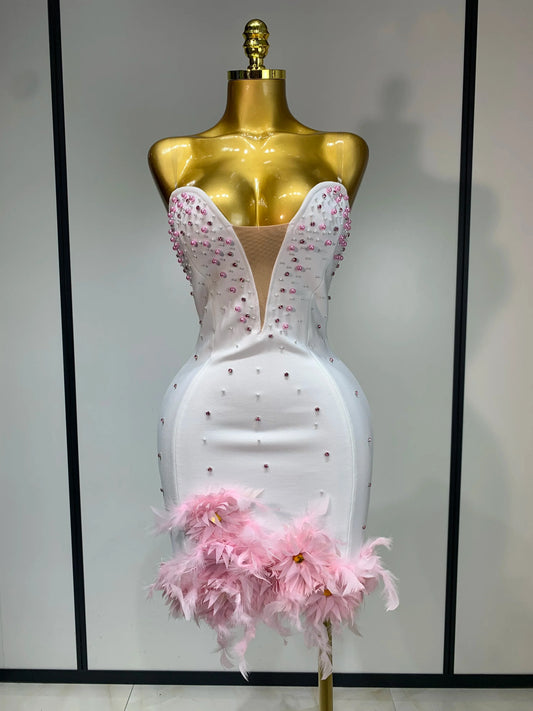 Women Sexy Backless Pink Pearls Feather Short Dress Formal Evening Party Luxury Beading Floral Wedding Guest Dress WHITE