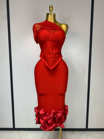 Women Sexy One Shoulder Mesh Splice Red Two Pieces Skirt Bandage Set 2025 Celebrity Designer Fashion Evening Party Women's Set Red