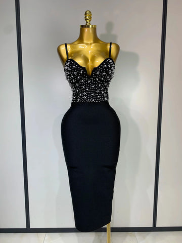 Women Sexy V-neck Elegant Pearl Bodycon Bandage Dress 2025 Celebrity Evening Prom Club Luxury Birthday Party Nightclub Dresses black