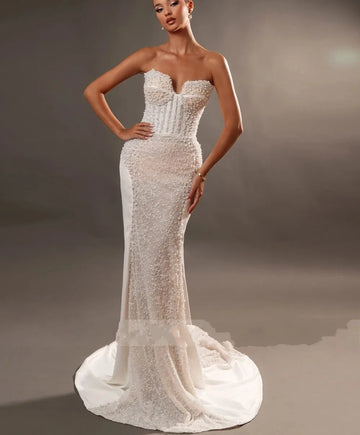 Luxury Lace Mermaid Wedding Dress Strapless Embroidery Pearls Beads Bridal Dresses Bride Party Gown vestidos de novia