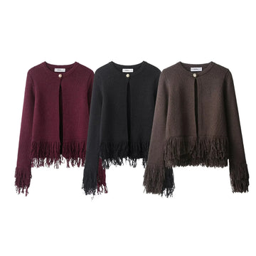 European and American 2025 winter new women's clothing style simple tassel button round neck long sleeved knitted jacket