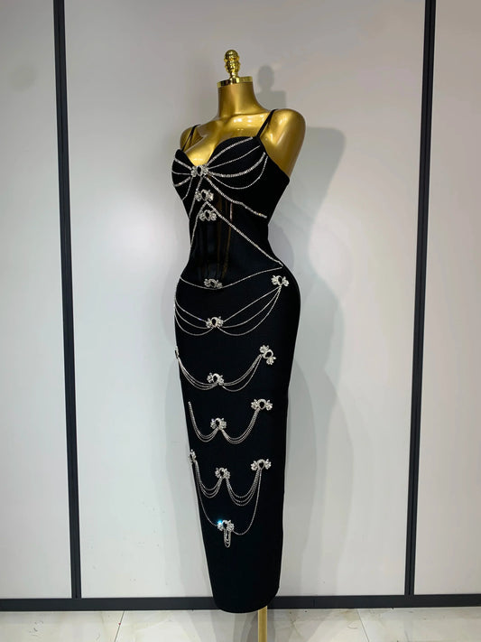 New Spaghetti Strap Bodycon Bandage Dress Women Sexy Sparkly Beading Club Evening Party Birthday Dresses Wedding Guest Gown