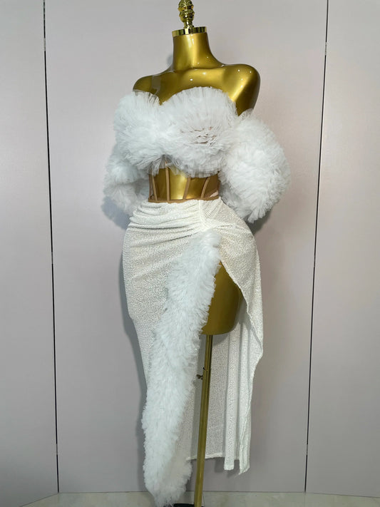 Women White Sequins Top Short Skirt Two Pieces Set Sexy Celebrate Evening Prom Birthday Dress Nightclub Stage Outfit