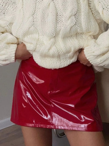 Fashion PU Leather Skirt Women 2026 High Waist Red Bodycon Skirts Streetwear Elegant Chic Glossy Female Bottoms