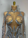 Women Sparkly Rhinestones Sexy Mesh Transparent Mini Dress Eveing Birthday Party Dance Nightclub Festival Show Stage Costumes