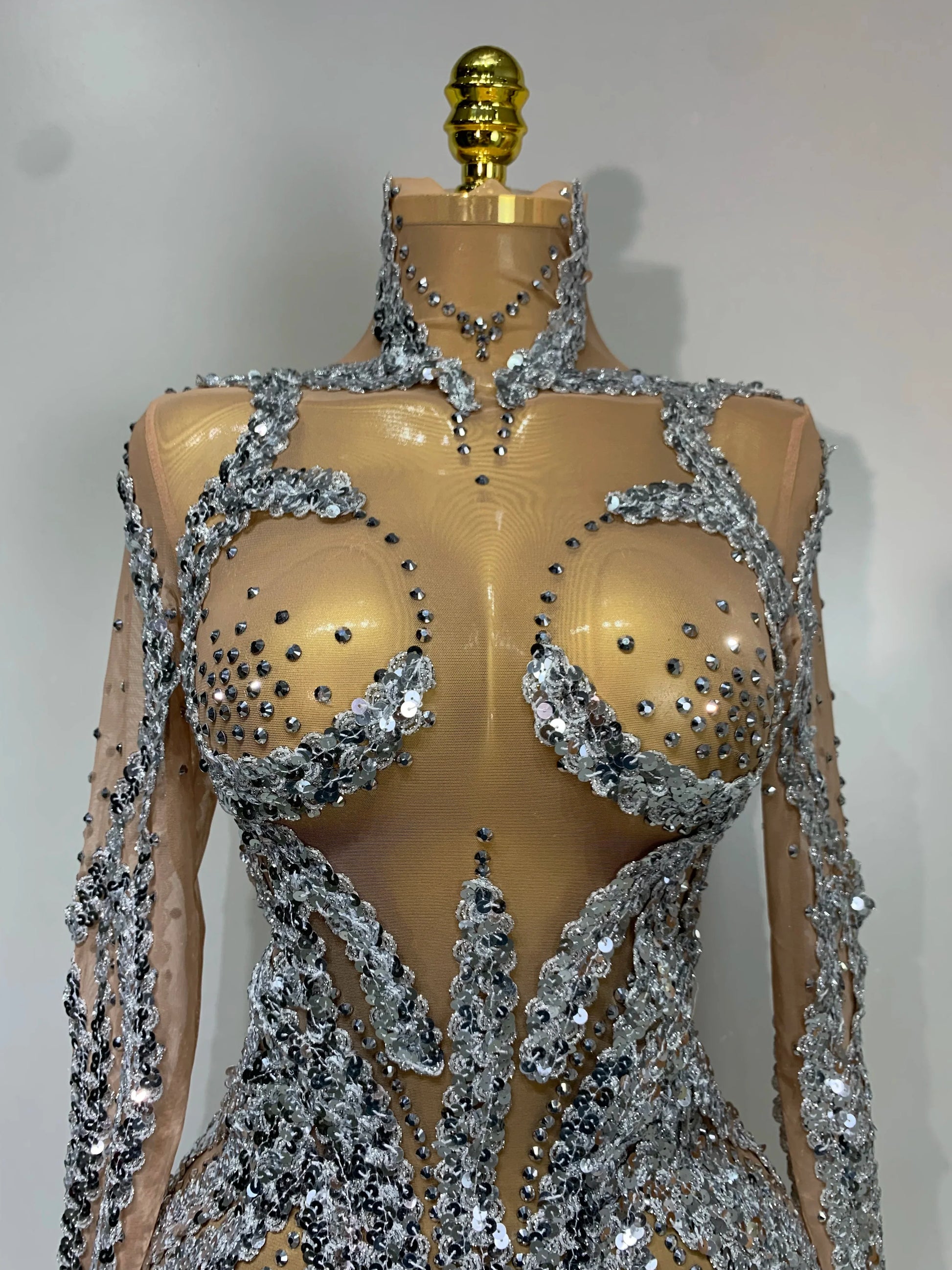 Women Sparkly Rhinestones Sexy Mesh Transparent Mini Dress Eveing Birthday Party Dance Nightclub Festival Show Stage Costumes