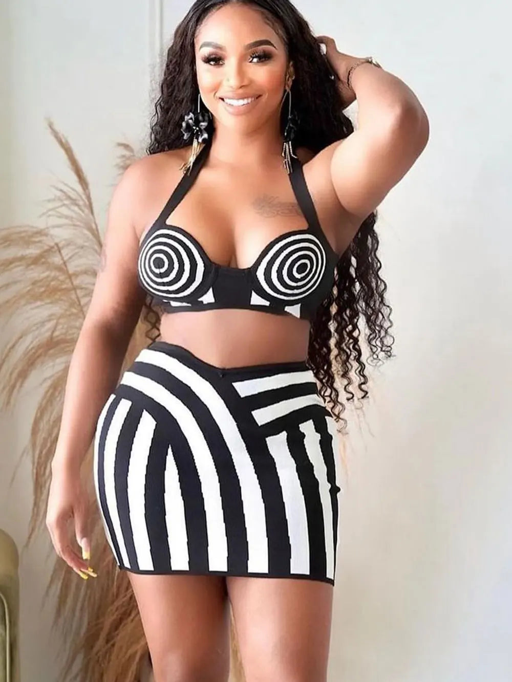 2024 Sexy Women'S Striped Short Skirt Set Hanging Neck Style Sleeveless Backless Ultra Short Vest Top+Mini Skirt Two-Piece Set