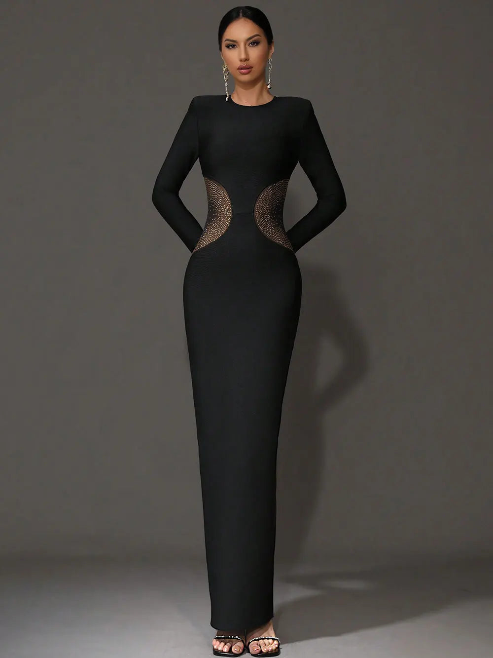 2025 Sexy Women'S Chiffon Hot Stamping Design Bandage Dress O-Neck Long Sleeved Bodycon Black Long Dress Cocktail Party Vestidos black