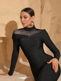 2025 Elegant Women's Wear Light Luxury Hot Diamond Tulle Patchwork Bandage Dress Stand Collar Long Sleeve Bodycon Long Dresses