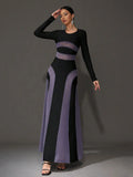 2025 Sexy Women Purple Mesh Patchwork Bandage Dress O-Neck Long Sleeved Slim Fit Pleated Long Dress Evening Club Party Vestido