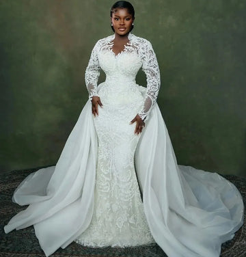 African Plus Size Mermaid Wedding Dress Bridal Gowns for Bride Illusion Detachable Train Long Sleeves Beaded Lace Crystals