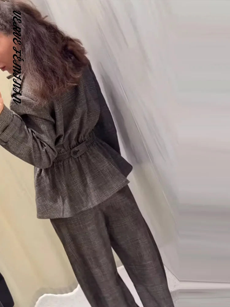 Women's 2 Pcs Suits Lapel Waist Cinching Ruffle Jackets Pants Sets Autumn 2025 Female Epaulet Slim Coats High Waist Trousers New