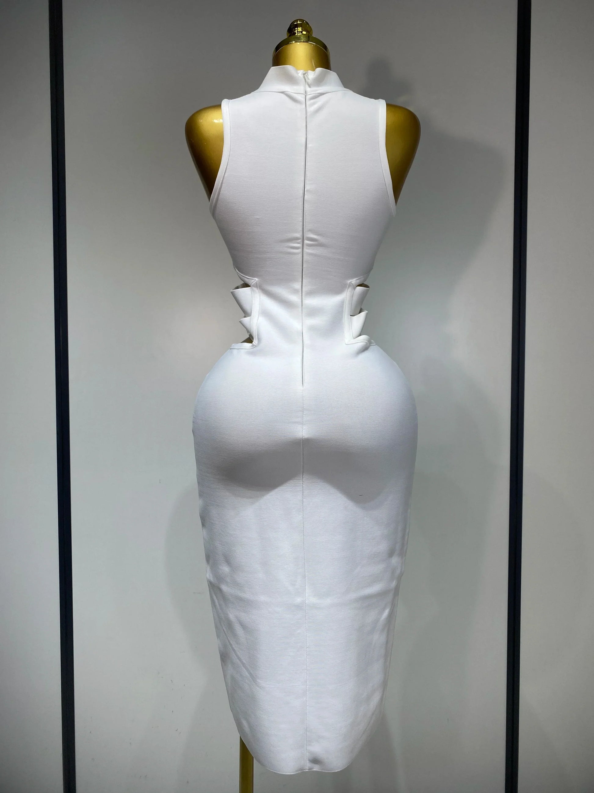 Women Sexy Turtleneck White Cut Out Midi Bodycon Bandage Dress White Elegant Evening Party Dress Luxury Birthday Dress