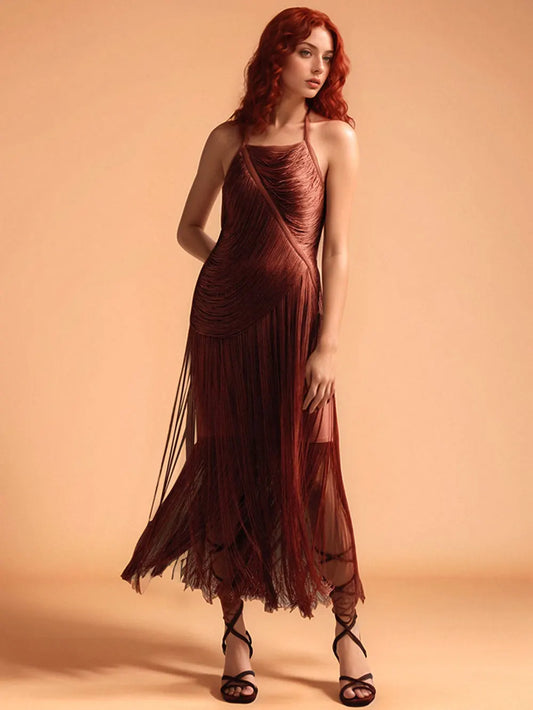 2025 Spring Sexy Women's Tassel Bandage Dress Hanging Neck Sleeveless Bodycon Backless Long Dresses Evening Club Party Vestidos