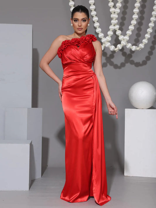 2025 Summer Elegant One Shoulder Satin Prom Dress Red sleeveless 3D Flower Folds Floor Length Special Occasion Formal Party Gown