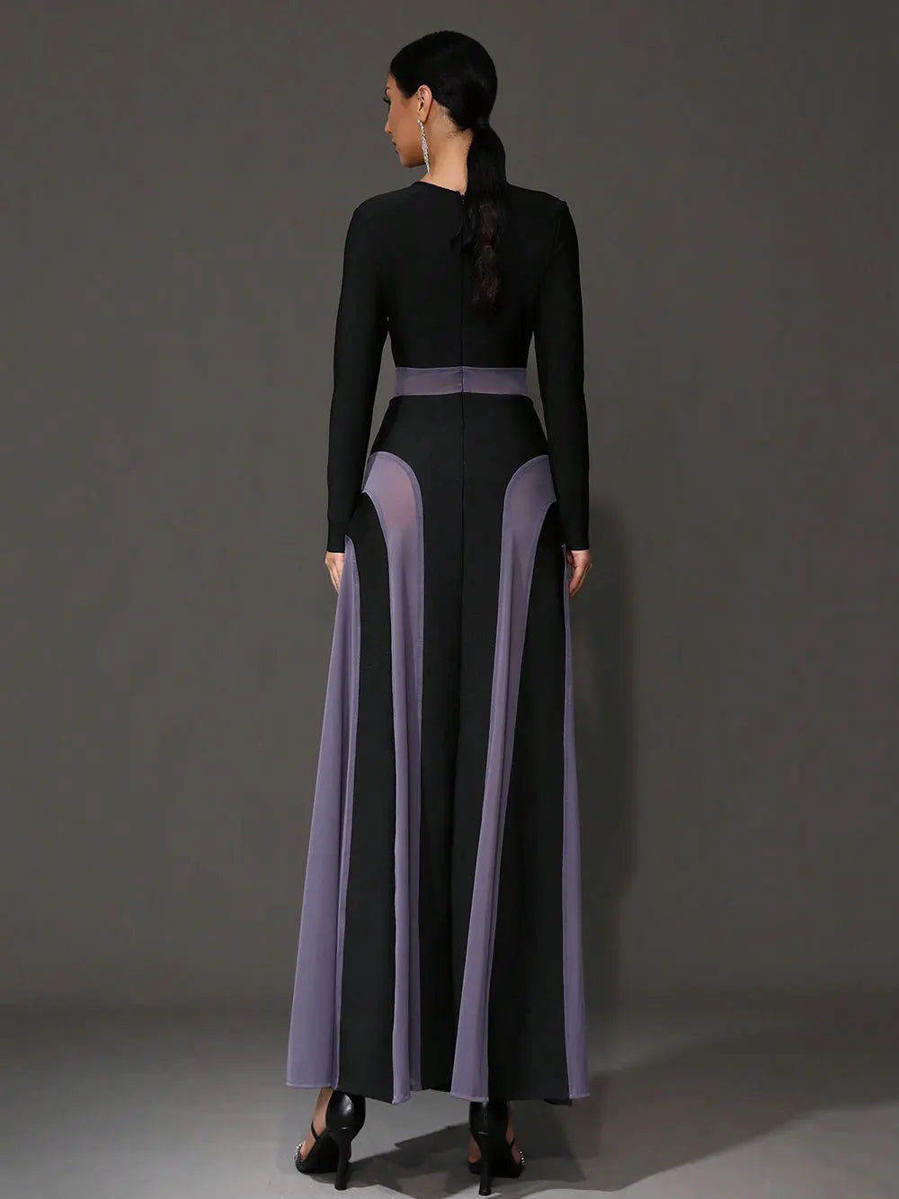 2025 Sexy Women Purple Mesh Patchwork Bandage Dress O-Neck Long Sleeved Slim Fit Pleated Long Dress Evening Club Party Vestido