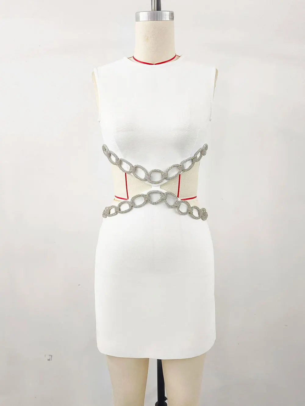 2024 Sexy Women's Waist Set with Diamond Chain Design Bandage Dress O-Neck Sleeveless Bodycon Bareback Mini Dress Party Vestidos WHITE