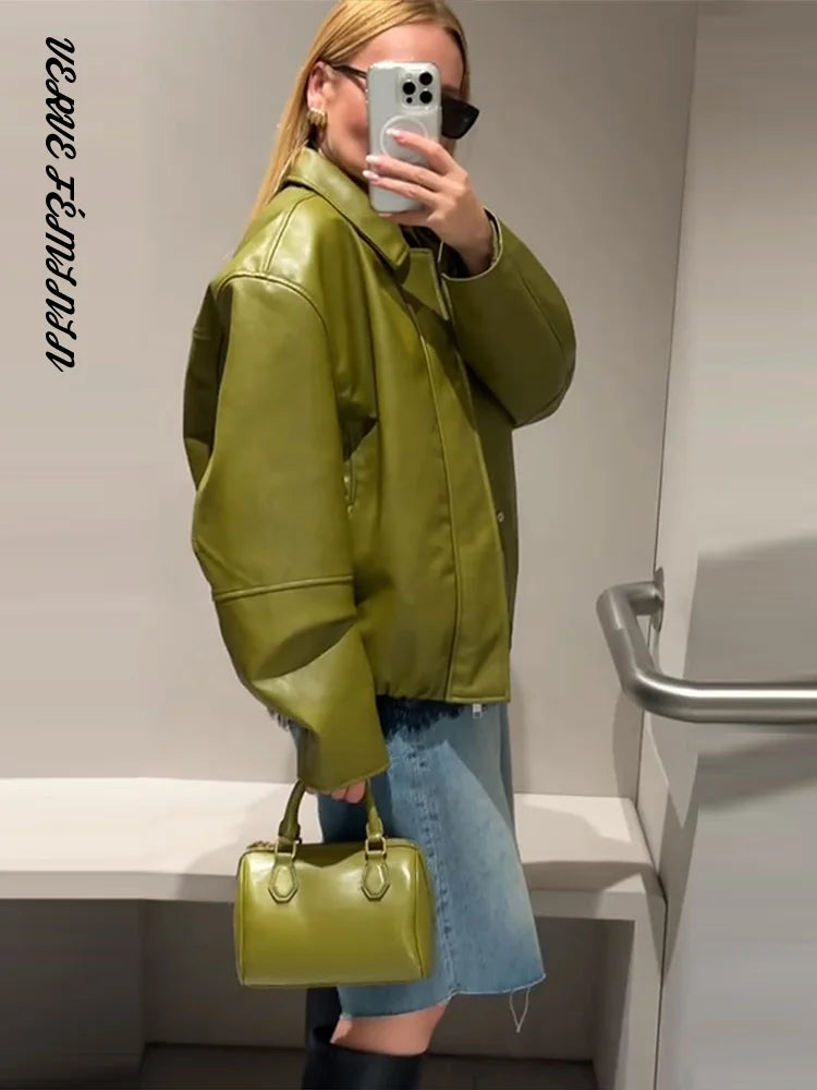 Women's Bomber Coats Lapel Zipper Solid Leather Jacket Autumn 2025 Female Turn-down Collar Full Sleeve Coats Chic Lady Outerwear