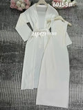 Women's Knitted Long Dress Sets with Polo Collar Long Sleeves Waistband Tie up Cardigan Long Coat+Sleeveless Dress Two Piece Set WHITE