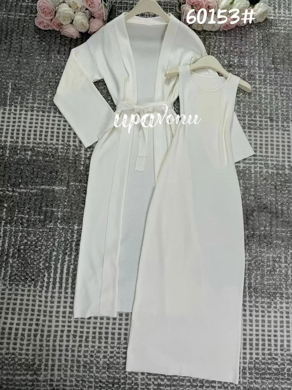 Women's Knitted Long Dress Sets with Polo Collar Long Sleeves Waistband Tie up Cardigan Long Coat+Sleeveless Dress Two Piece Set WHITE