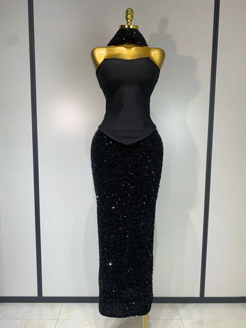 Women Sexy Strapless Sequin Black Maxi Long Bandage Three Piece Set Knitted Elegant Evening Club Party Birthday Prom Gowns black