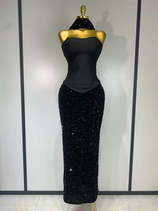 Women Sexy Strapless Sequin Black Maxi Long Bandage Three Piece Set Knitted Elegant Evening Club Party Birthday Prom Gowns black