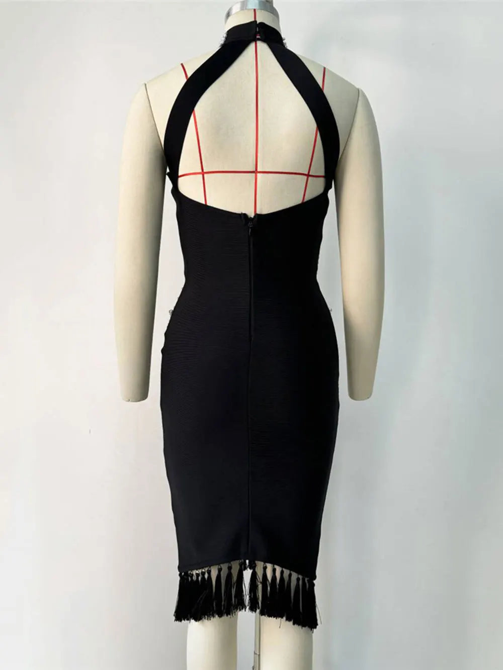 2025 Sexy Women Heavy Industry Pearl Nail Bead Bandage Dress Hanging Neck Sleeveless Bodycon Backless Midi Tassel Dress Vestidos