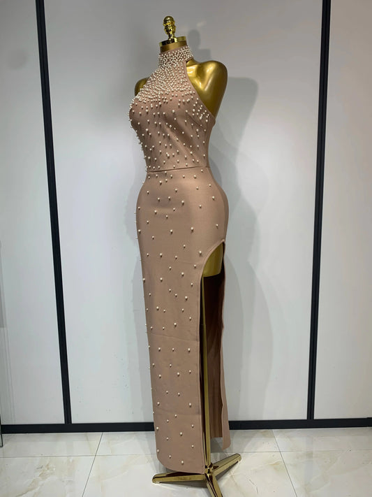 Women Sexy Pearl Maxi Long Bandage Dress Luxury Birthday Dresses Celebrity Elegant Evening Club Party Knitted Bodycon Clothing
