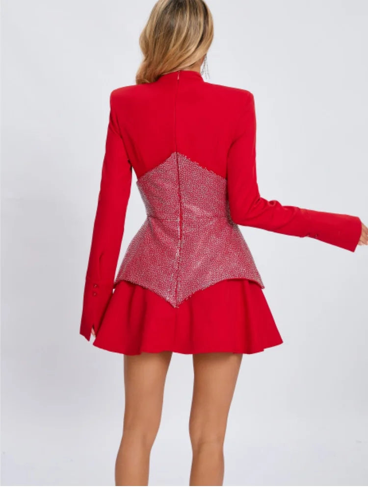 New Arrival Black Red Women Long Sleeve Shinning Rhinestones A-Line Mini Dress Christmas Nightclub Party Celebrate Dress