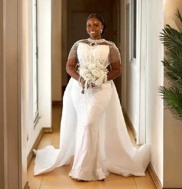 African Mermaid Wedding Dress 2026 Sheer O-Neck Long Sleeves Illusion Beading Bride Bridal Gowns vestido de novia