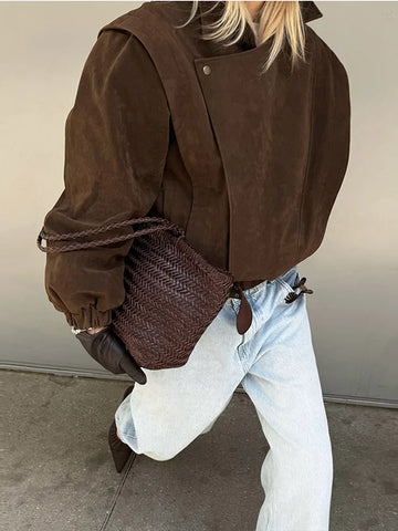 Locomotive Lapel Suede Jacket Women Lantern Long Sleeve Loose Fitting Patchwork Pilot Coats New Early Autumn Cool Girl Outerwear