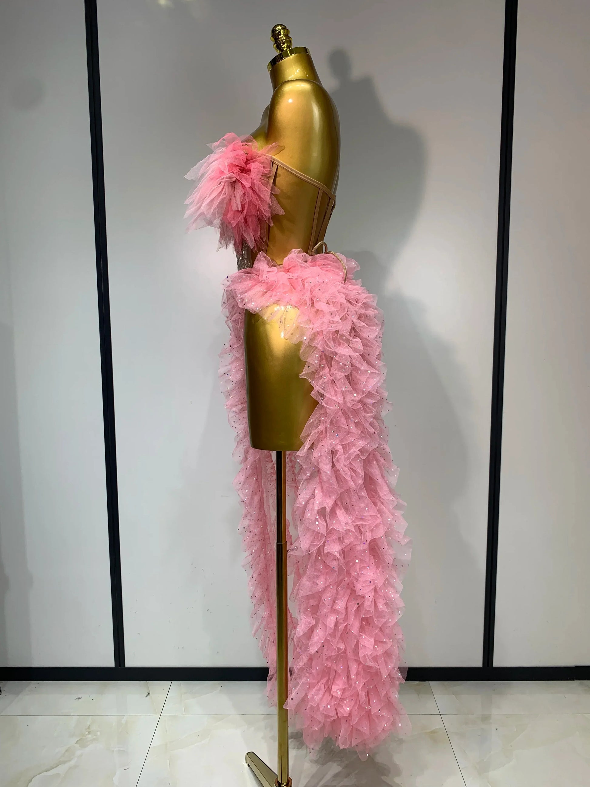 Women Sexy Strapless Ruffles two Pieces Set Bodycon Long Dress High Split Fashion Nightclub Party Birthday Singer Stage Outfit