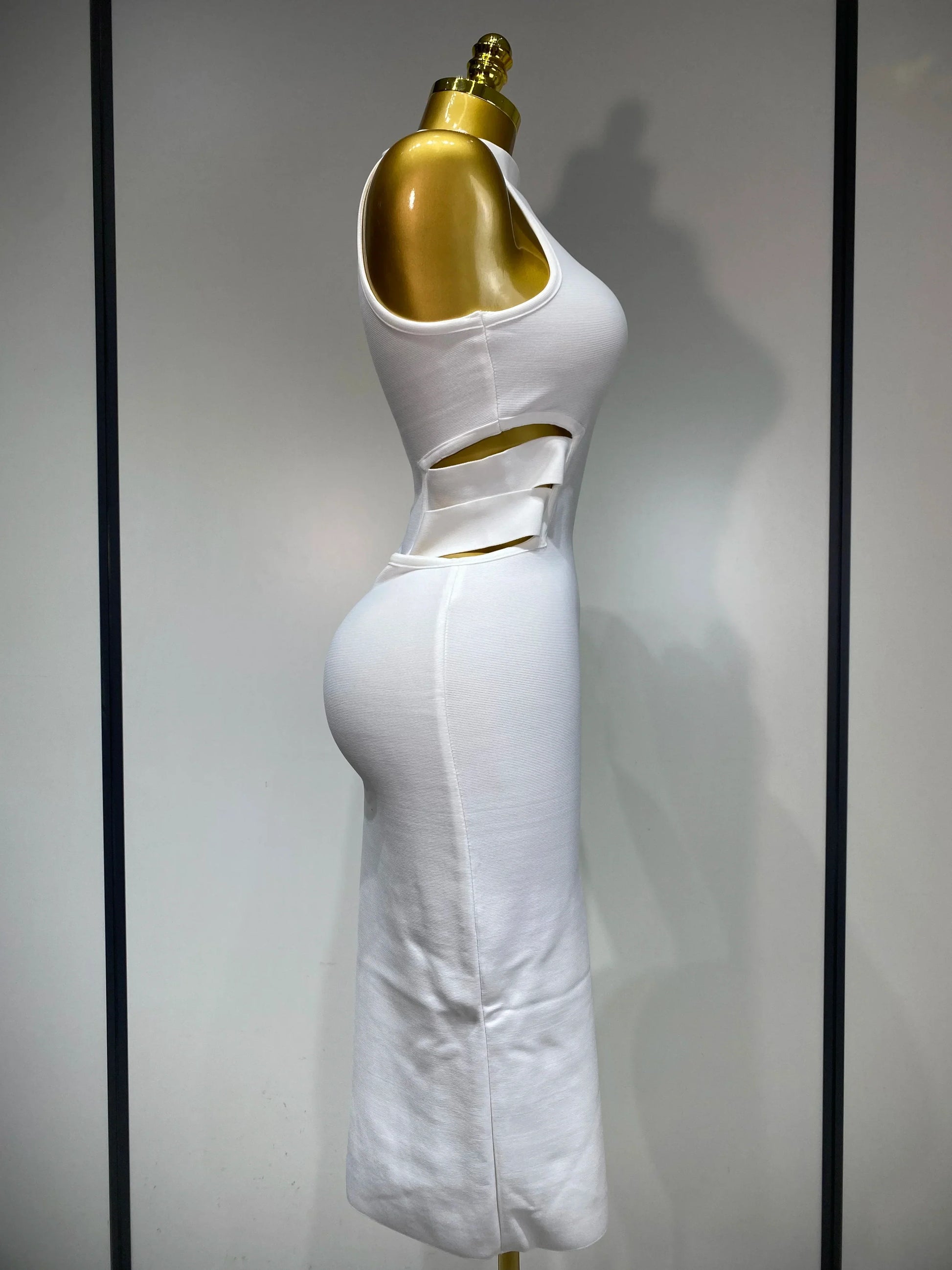 Women Sexy Turtleneck White Cut Out Midi Bodycon Bandage Dress White Elegant Evening Party Dress Luxury Birthday Dress