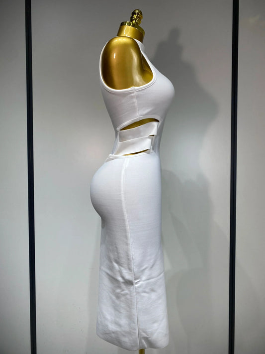 Women Sexy Turtleneck White Cut Out Midi Bodycon Bandage Dress White Elegant Evening Party Dress Luxury Birthday Dress