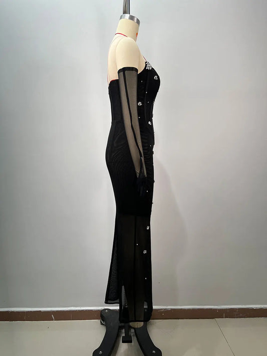 Women'S Light Luxury Nail Bead Chiffon Dress Strapless Sleeveless Glove Design Bodycon Backless Black Long Dresses Vestidos