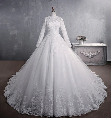 Modest Wedding Dress 2026 Lace Beads Long Sleeves Elegant High Neck With Train Princess A Line Bridal Grown Vestidos De Novia