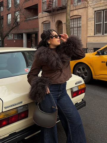 Suede Faux Fur Patchwork Short Bomber Coats Women Autumn 2025 Long Sleeve Single Breasted Jackets Fashion Office Lady Outerwears