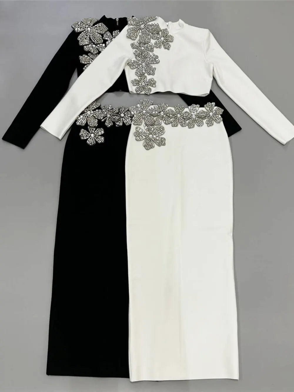 2024 Sexy Women's Bandage Skirt Set Stand up Collar Long Sleeve Nail Bead Water Diamond Short Top+Long Dress Two Piece Set