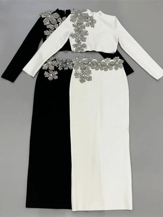 2024 Sexy Women's Bandage Skirt Set Stand up Collar Long Sleeve Nail Bead Water Diamond Short Top+Long Dress Two Piece Set